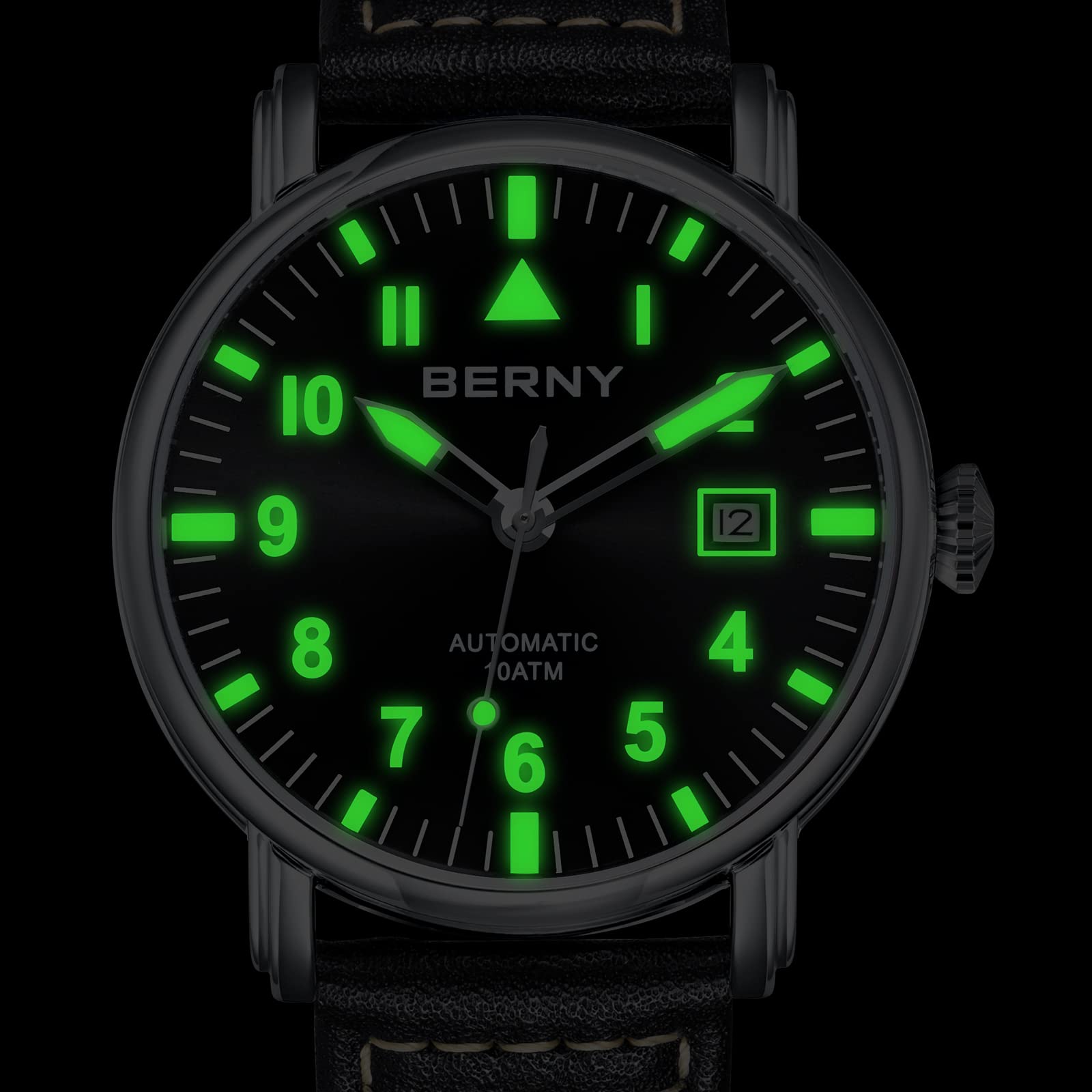 Berny Aviation orologio automatico uomo nero pelle