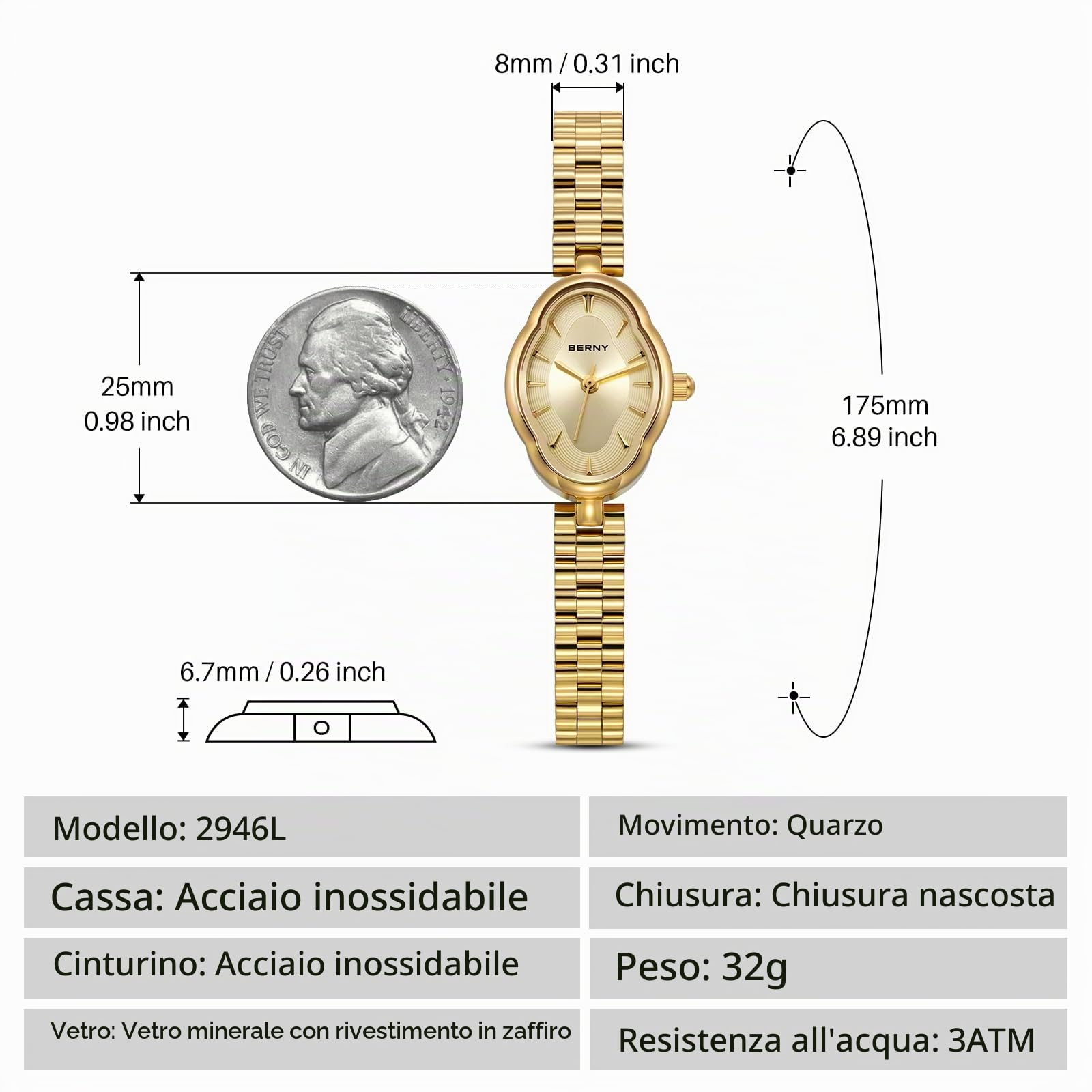Berny Gold Orologio Donna Giallo Quarzo Vintage 3ATM