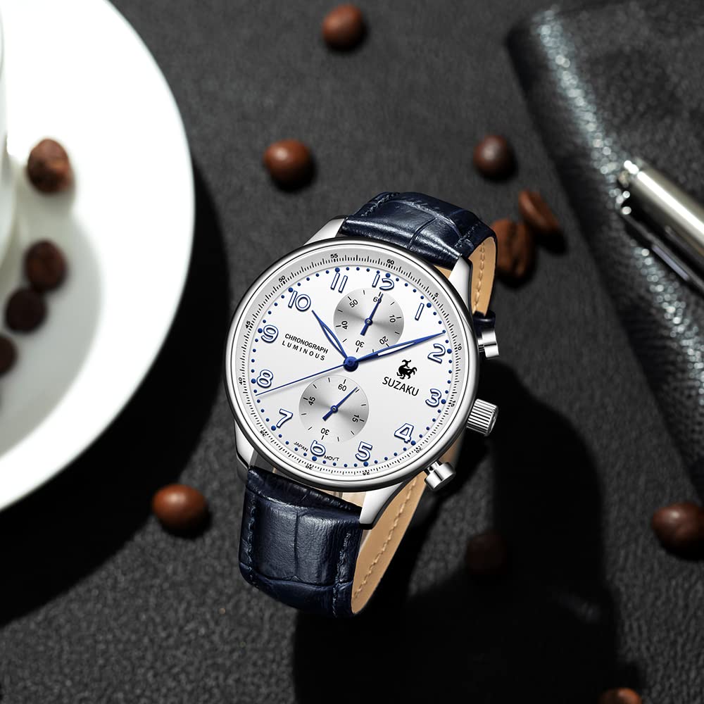 Suzaku orologio cronografo uomo bianco pelle 40mm