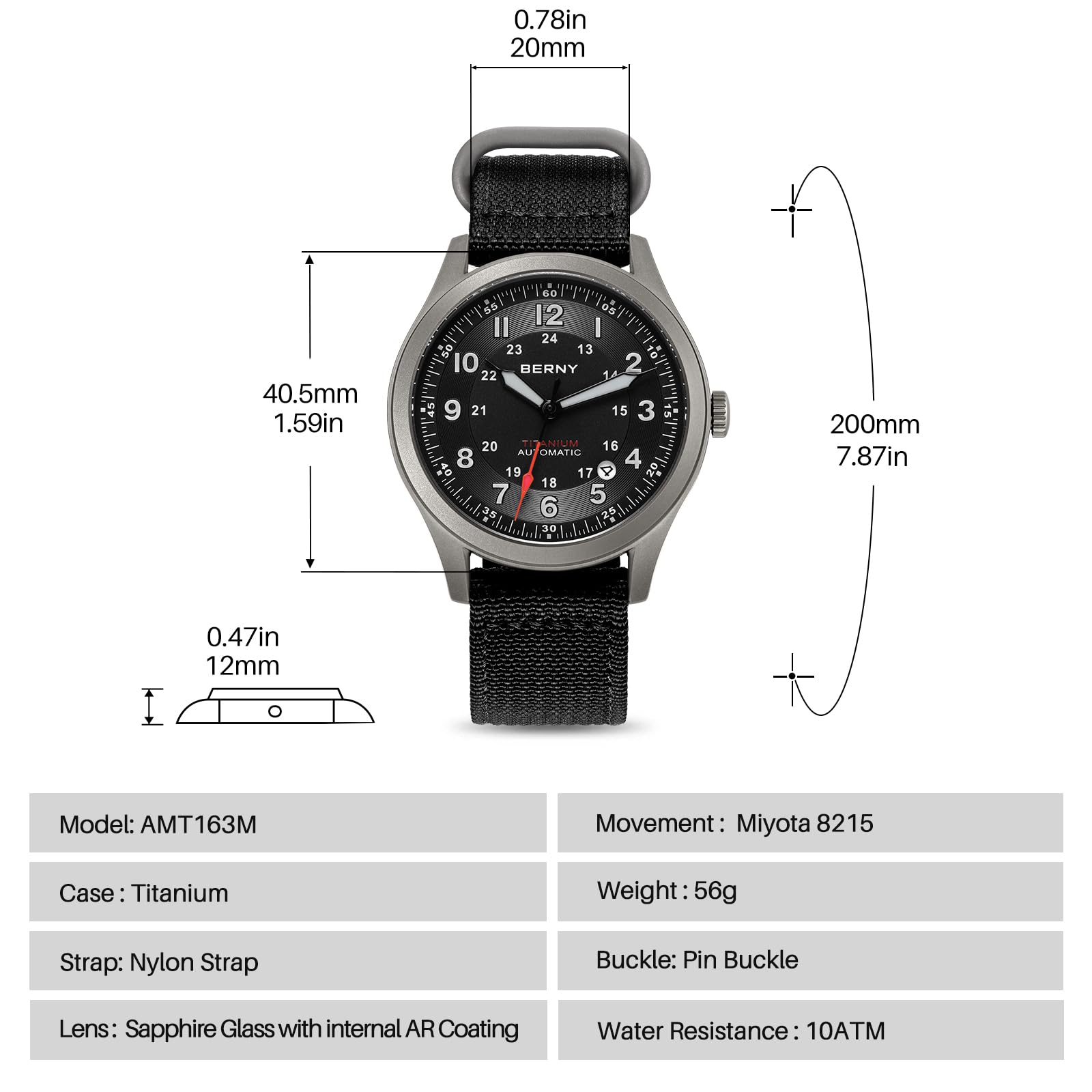 Berny Titanio Orologio Uomo Nero Automatico 10ATM