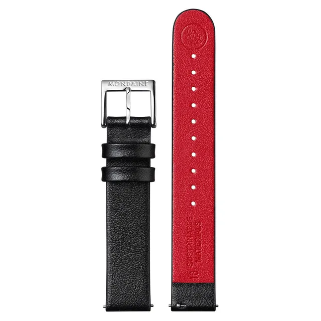 Mondaine Cinturino 16 mm Nero Ecopelle Interno Rosso