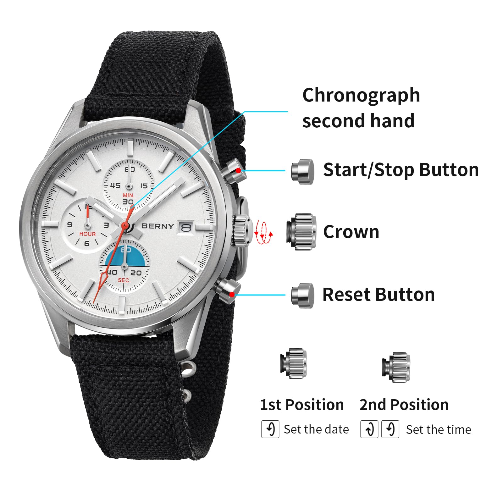 Berny Cronografo Orologio Uomo Bianco-1 50M Impermeabile