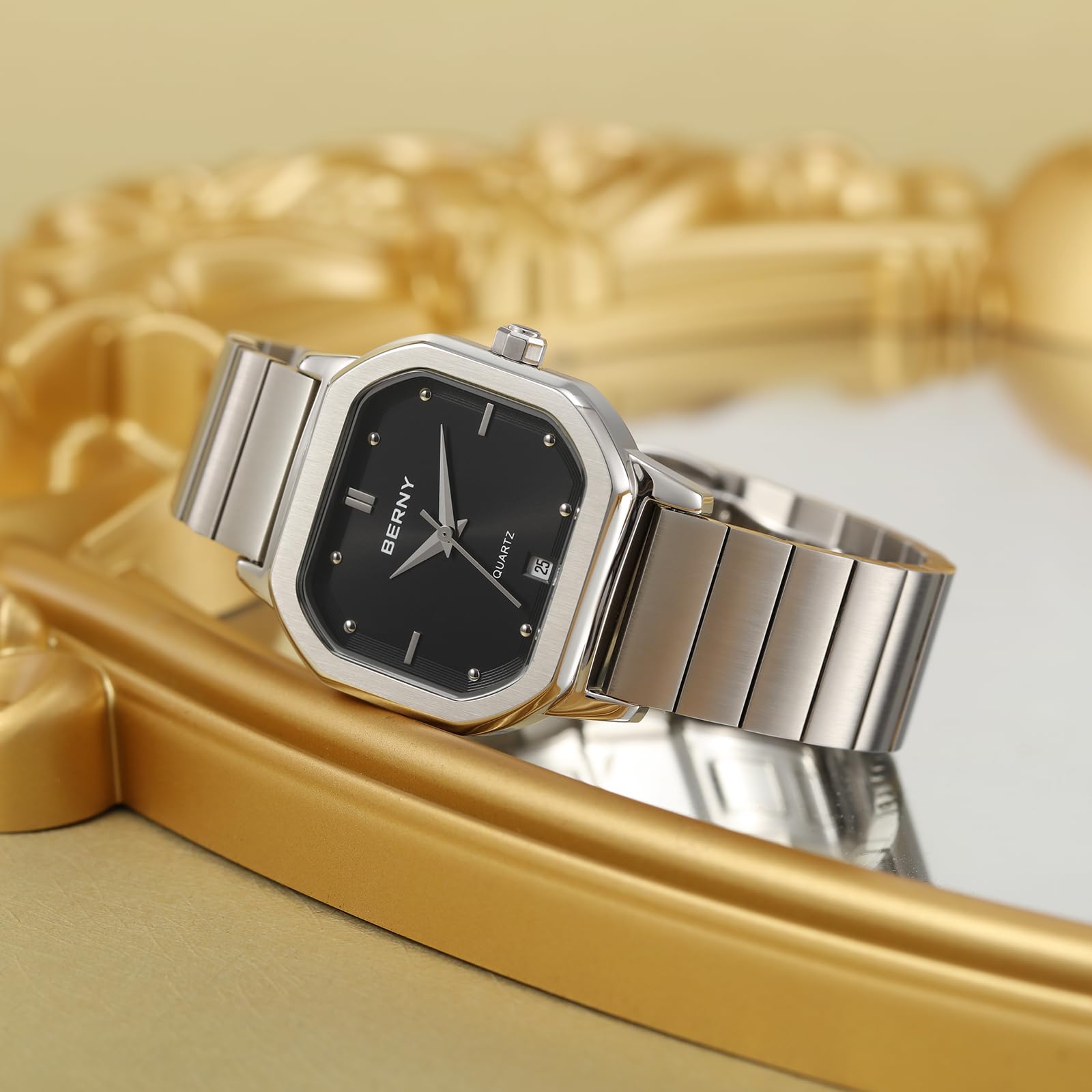 Berny Orologio Uomo Quadrato Nero Quarzo Acciaio