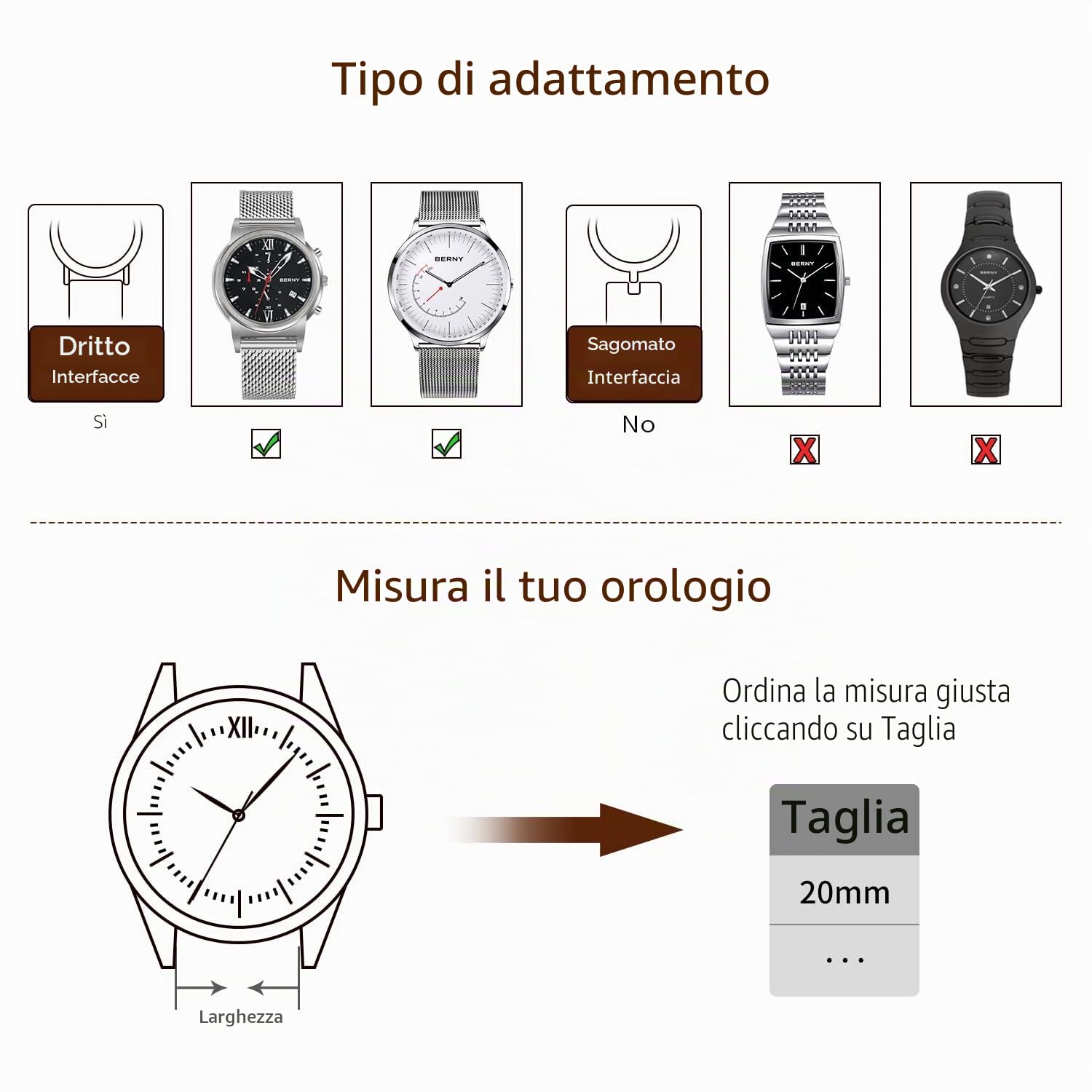 Berny Milanese Cinturino Orologio 22mm Argento Acciaio