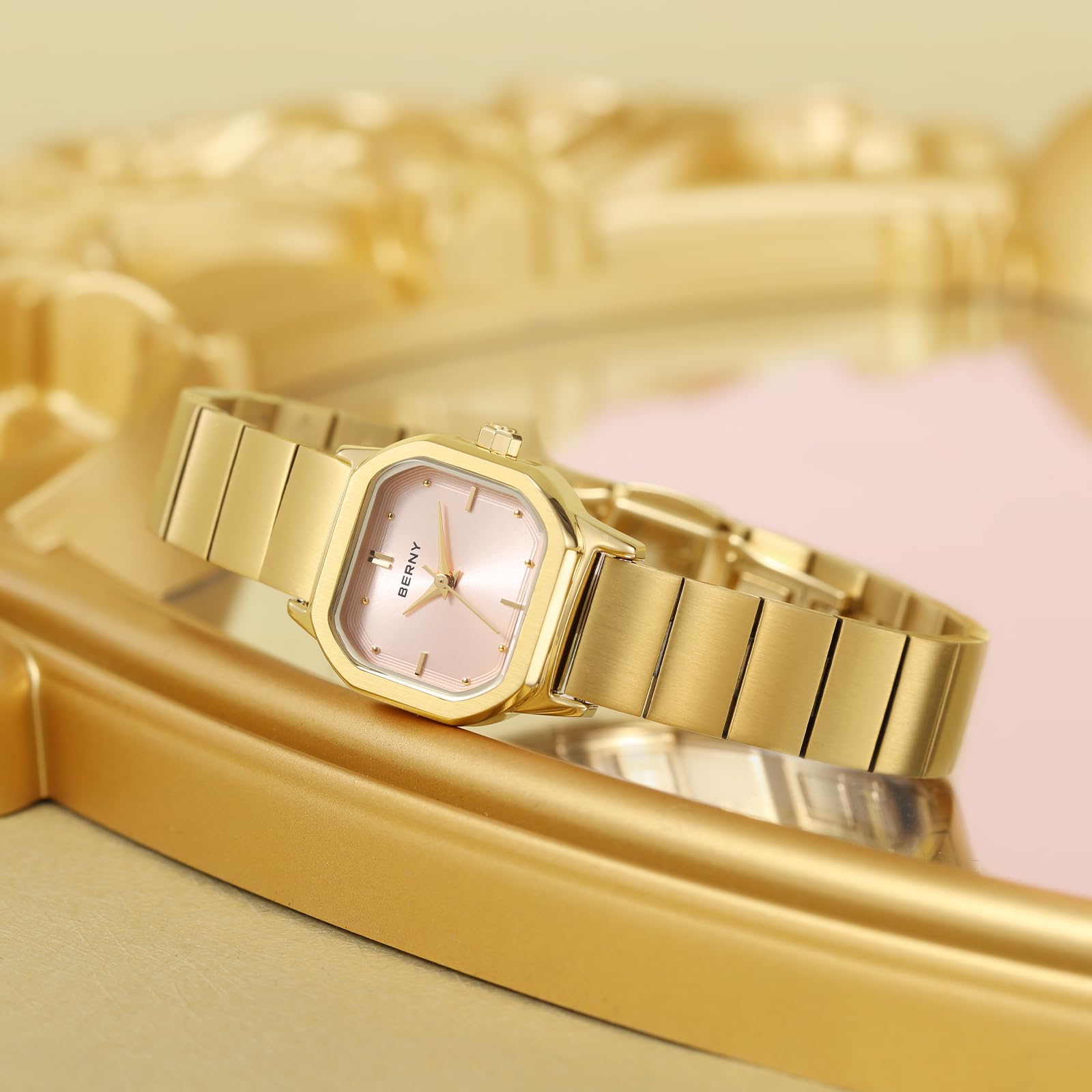 Berny Orologio Donna Quadrato Rosa Quarzo Acciaio