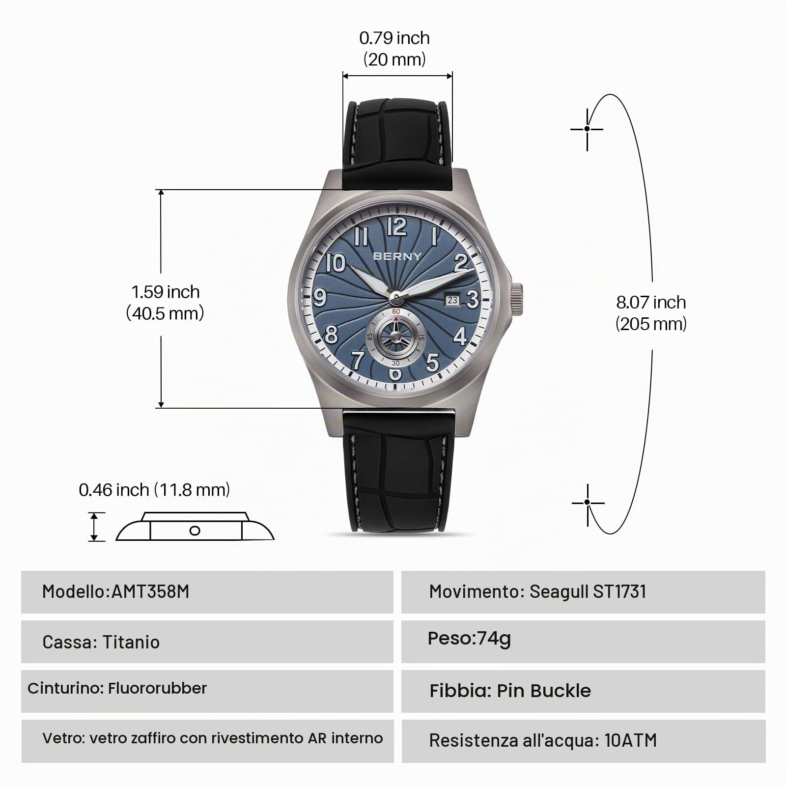 Berny Titanium orologio automatico uomo azzurro 10ATM