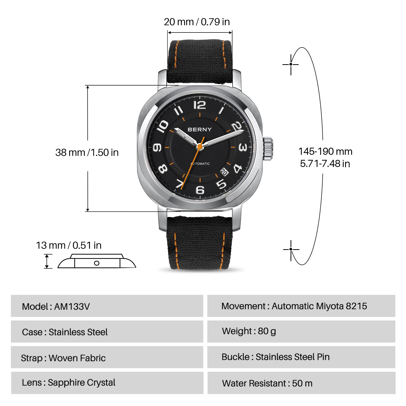 Berny orologio automatico zaffiro nero luminoso