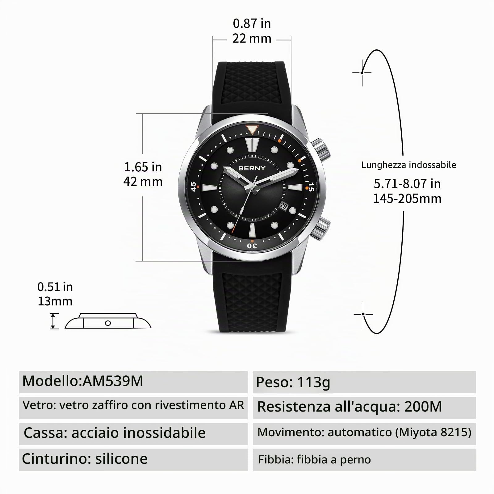 Berny Dive HV600 Orologio Uomo Nero Automatico 20ATM