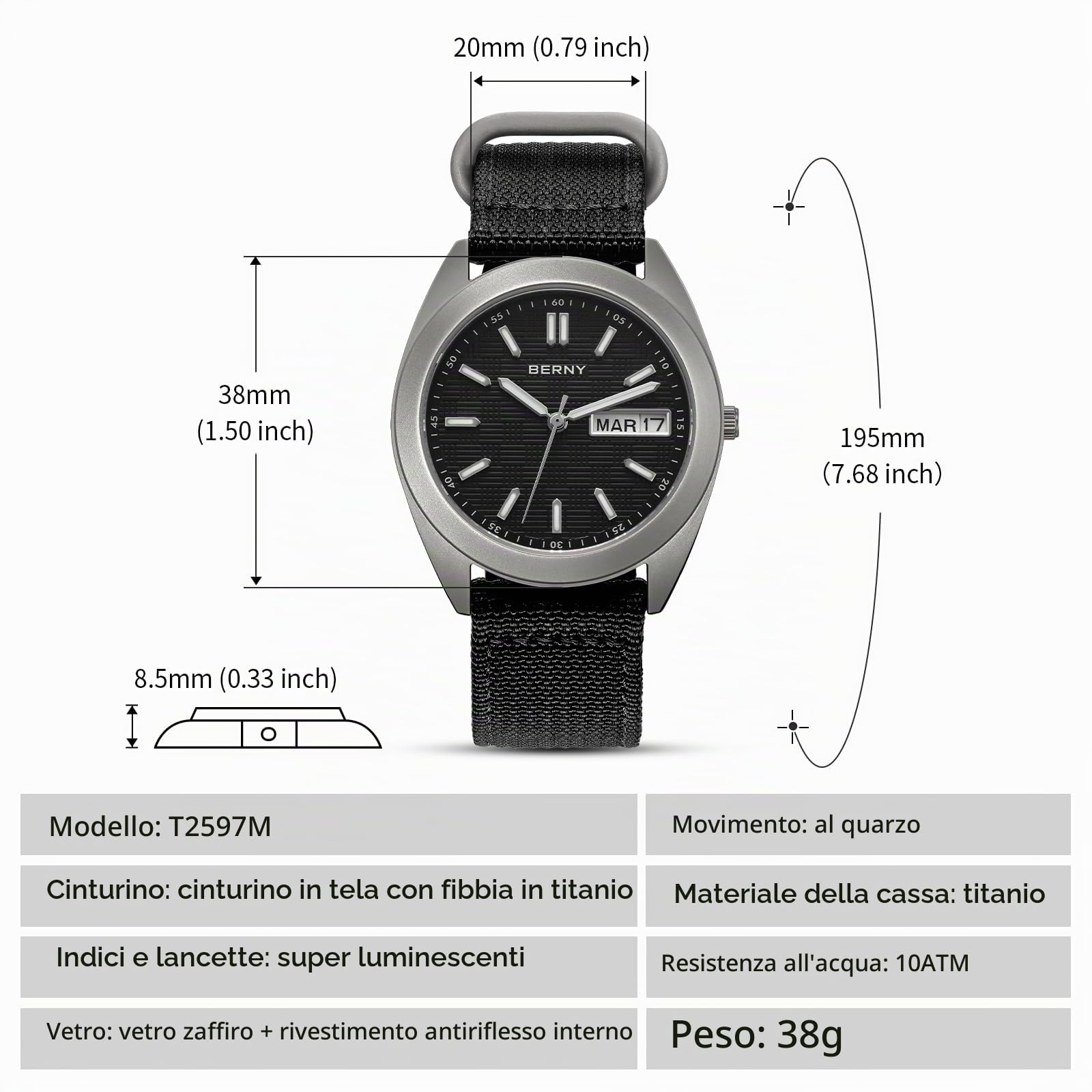Berny Titanio Orologio Uomo Tela Nero 10ATM Luminoso