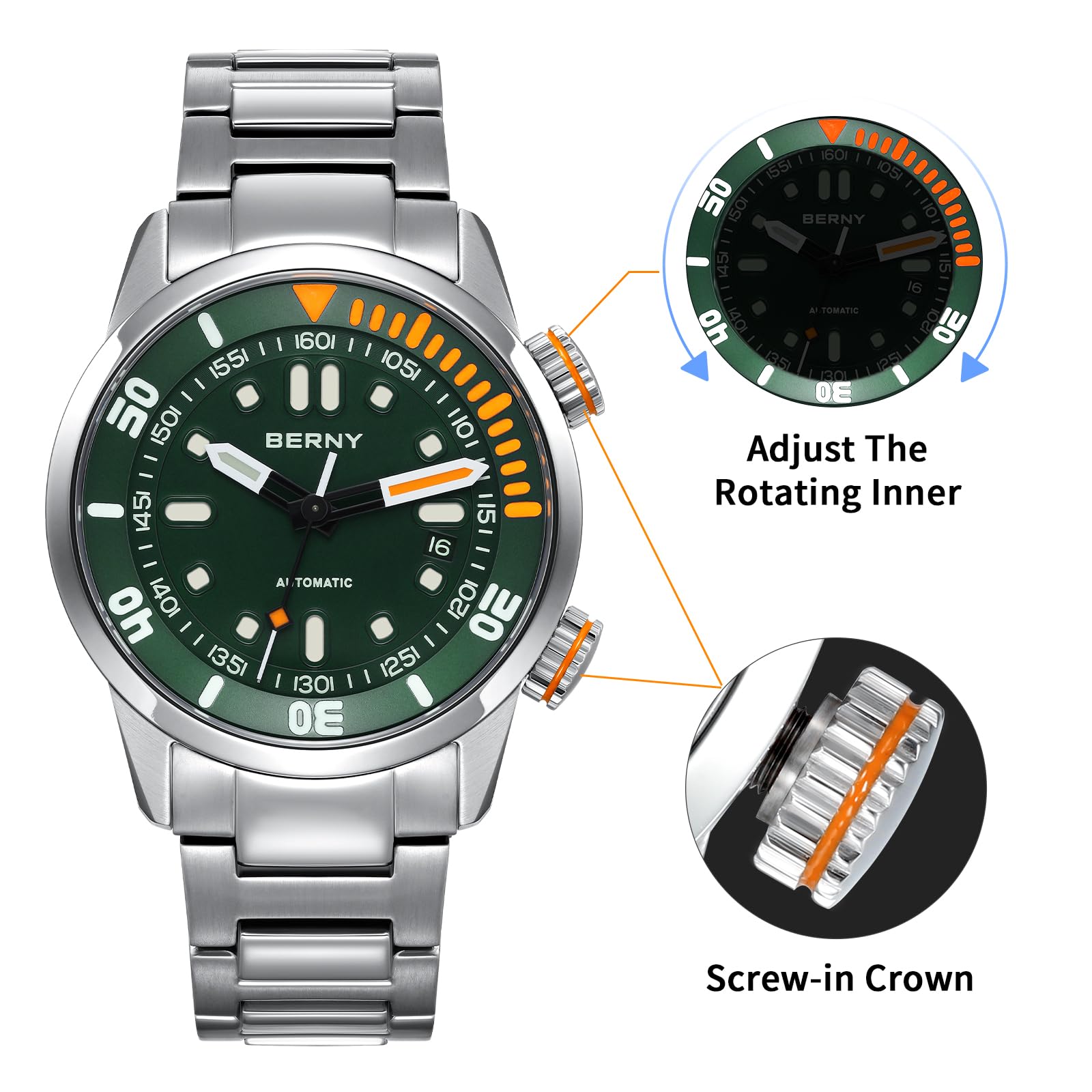Berny Diver orologio automatico verde 20ATM zaffiro
