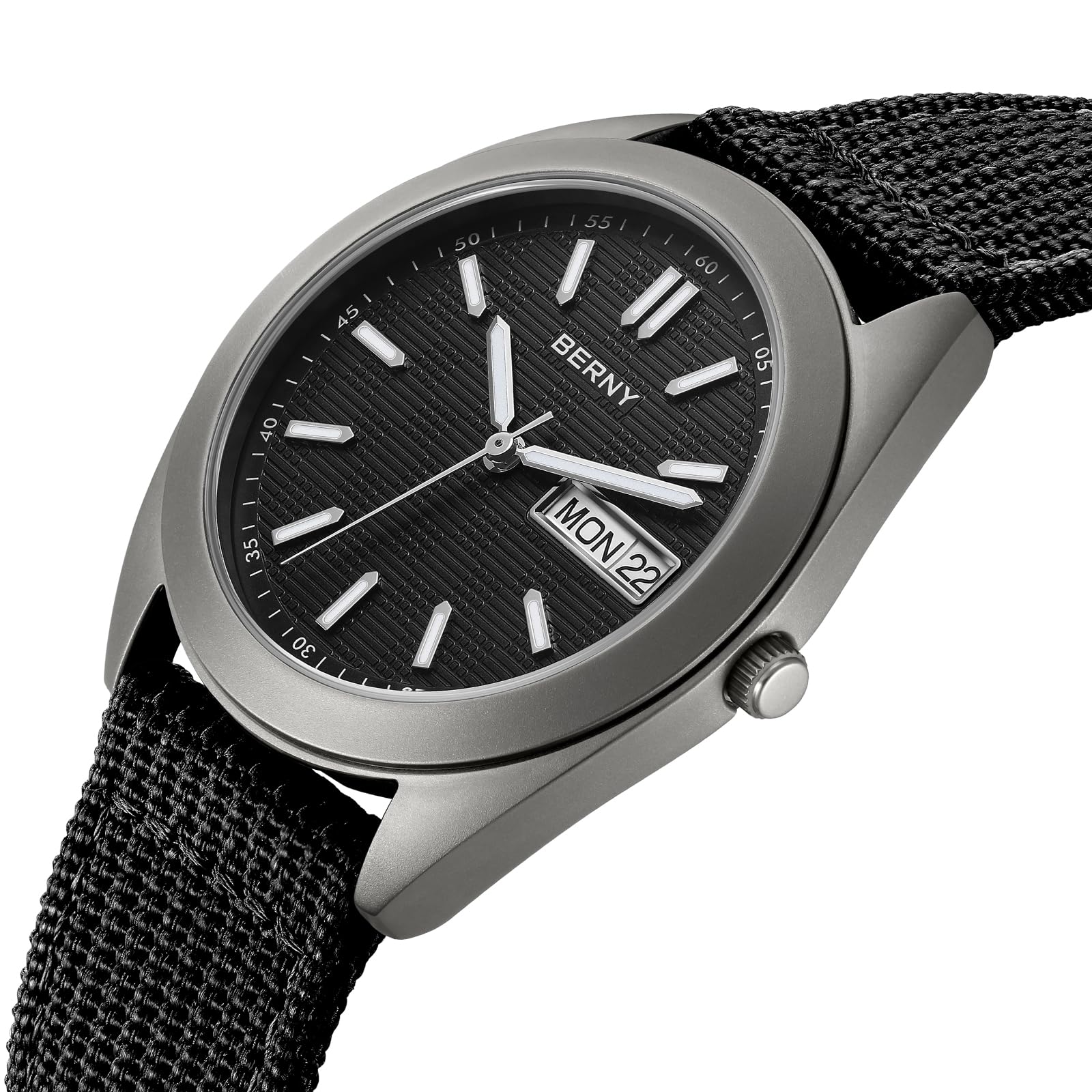 Berny Titanio Orologio Uomo Tela Nero 10ATM Luminoso