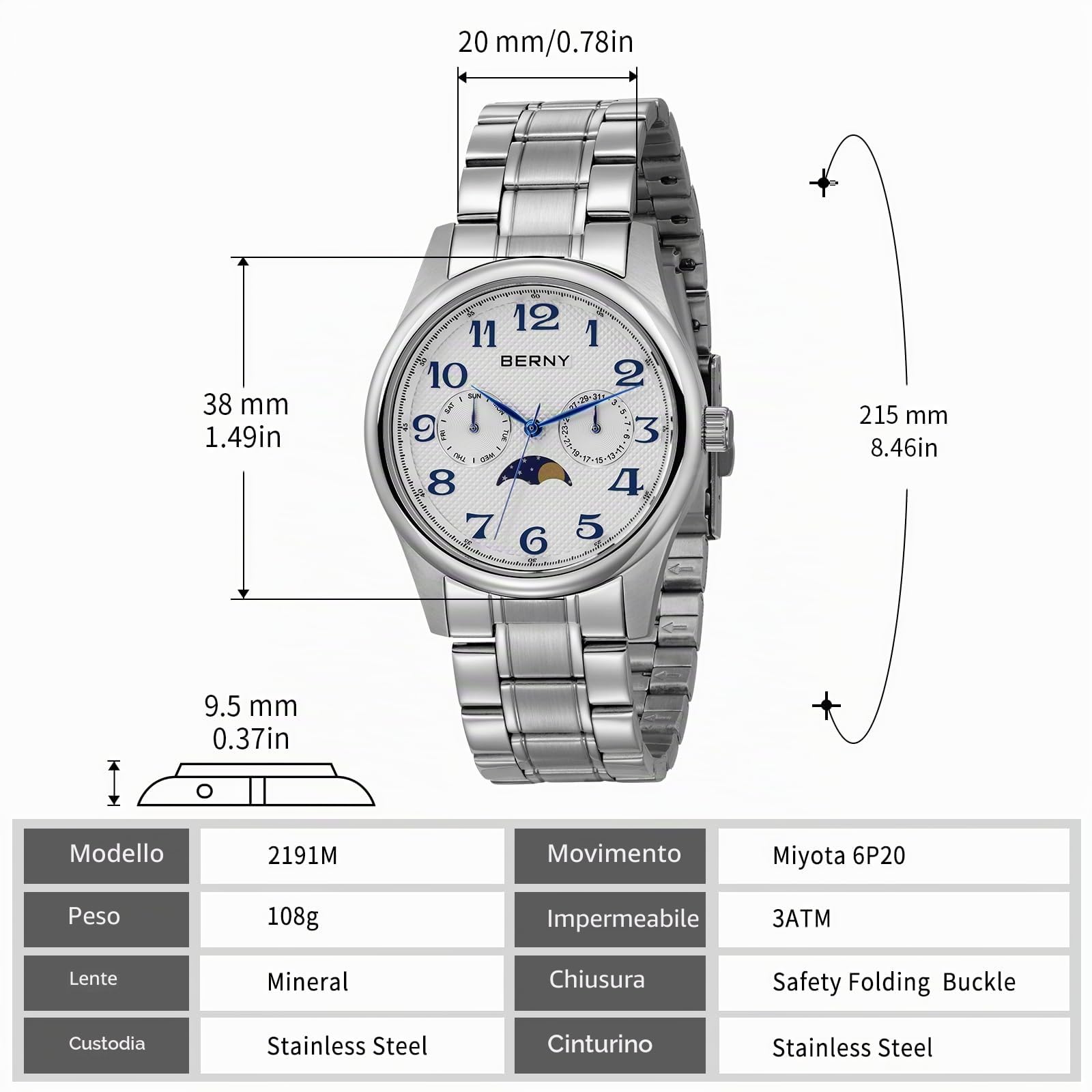 Berny Orologio Uomo Fase Lunare Bianco Acciaio