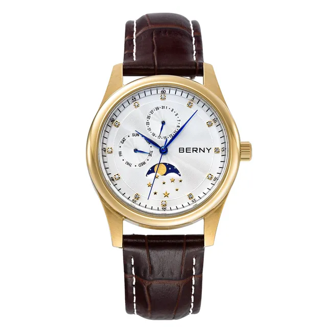 Berny Orologio da Polso Uomo Bianco Oro Pelle 38 mm