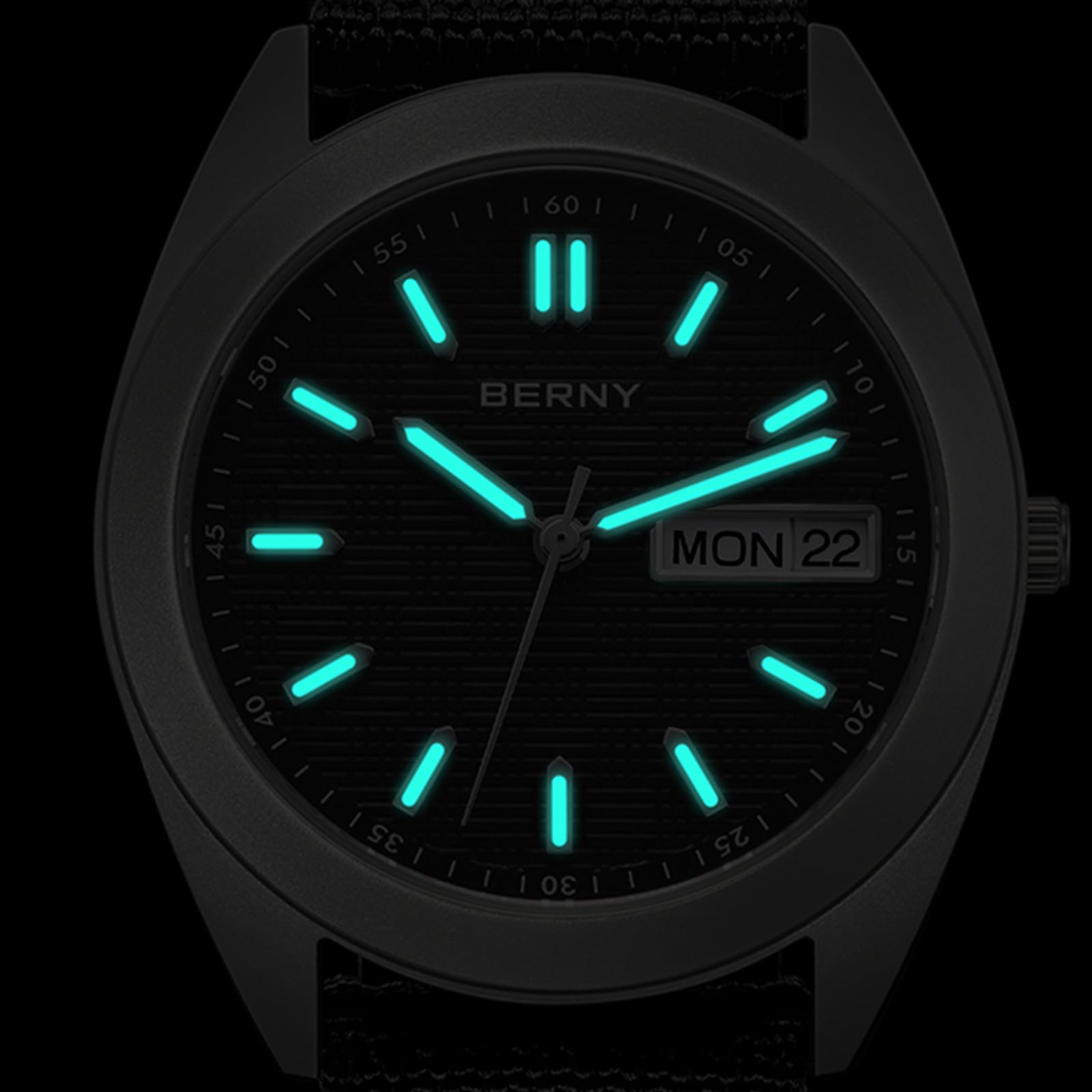 Berny Titanio Orologio Uomo Tela Nero 10ATM Luminoso