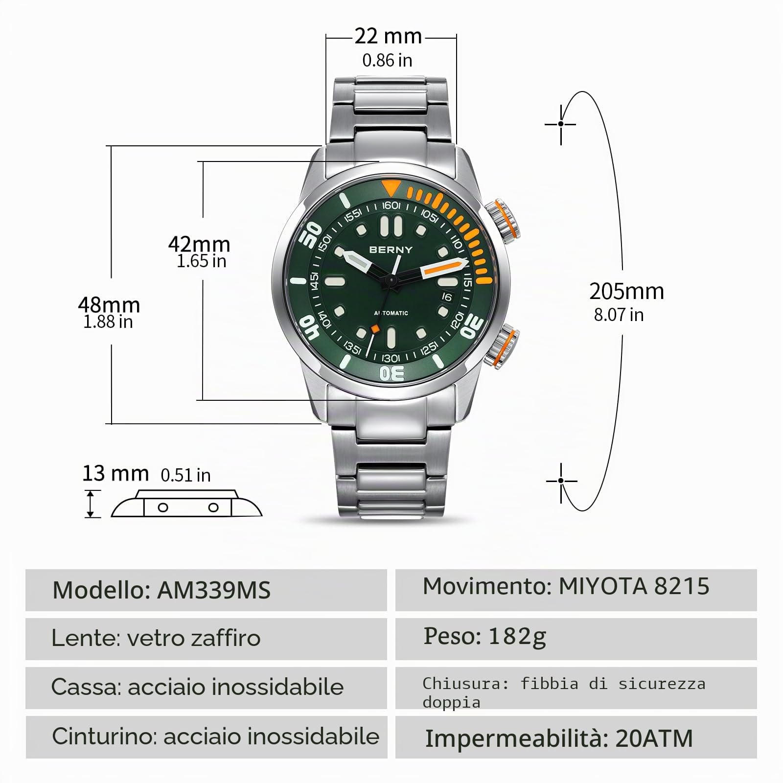Berny Diver orologio automatico verde 20ATM zaffiro