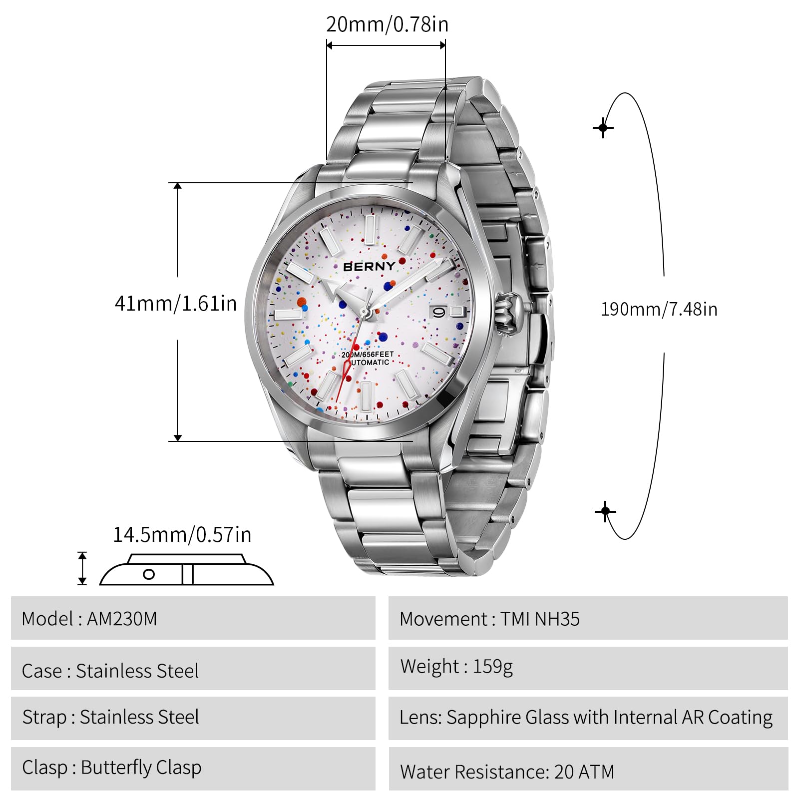 Berny Diver Collection orologio automatico uomo 20 ATM luminoso
