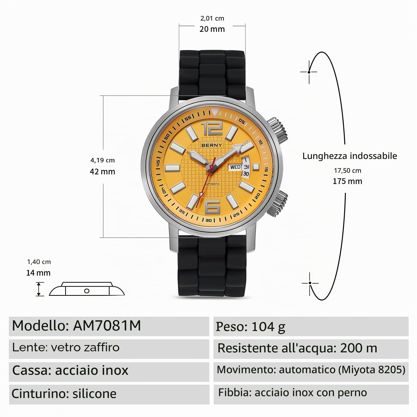 Berny Diver Orologio Uomo Giallo Automatico 20ATM