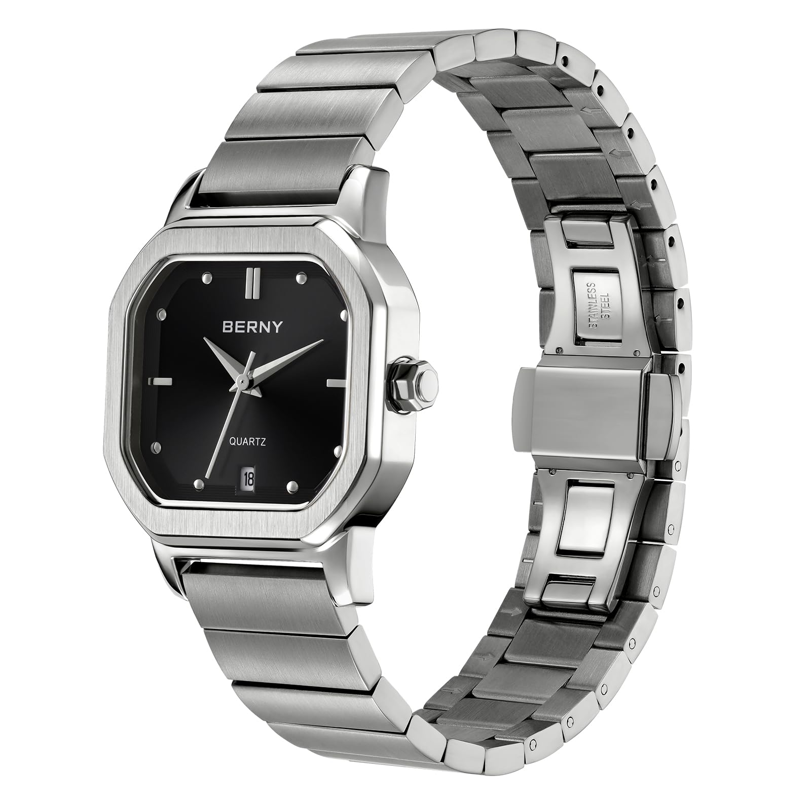 Berny Orologio Uomo Quadrato Nero Quarzo Acciaio