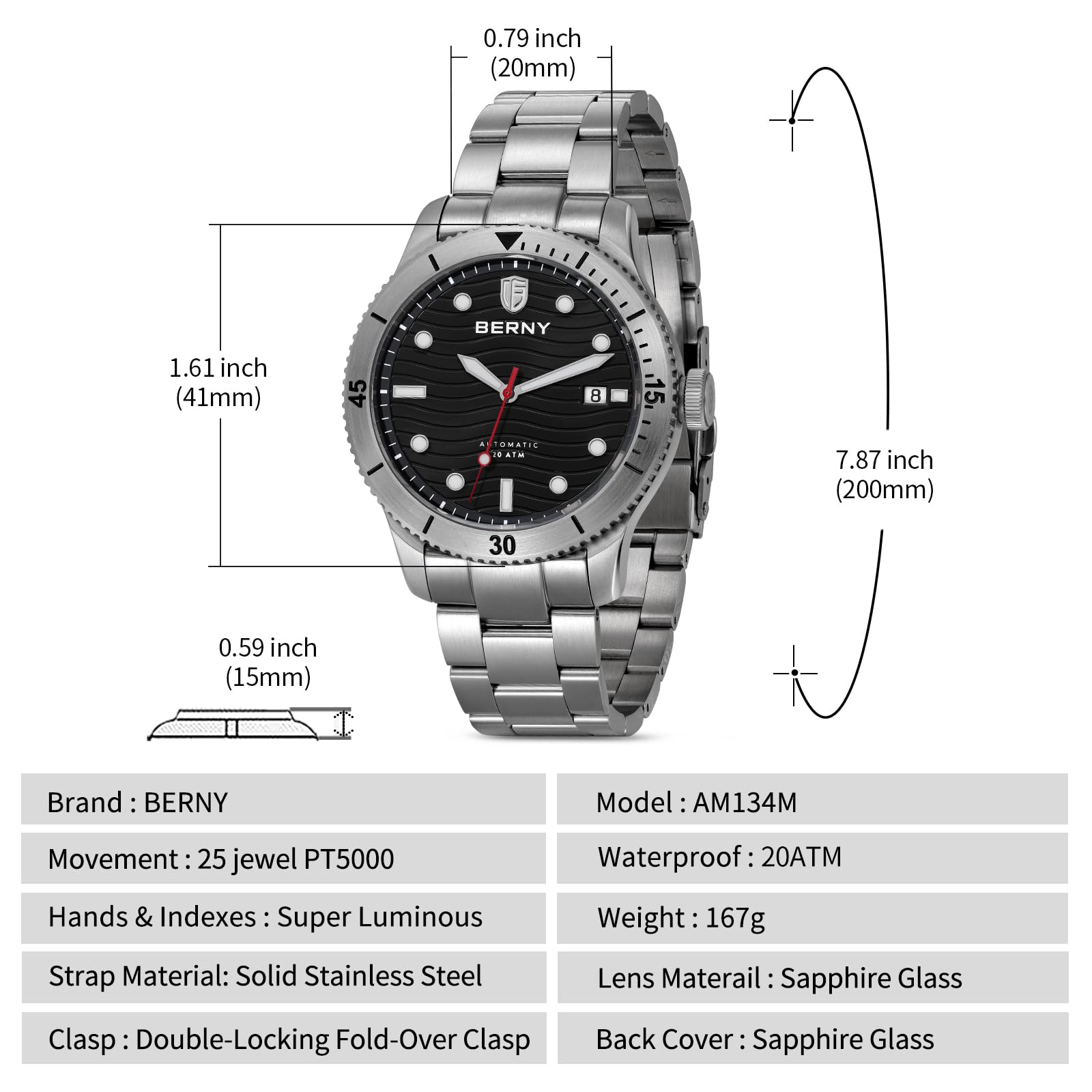 Berny Diver orologio automatico acciaio 20 ATM C3