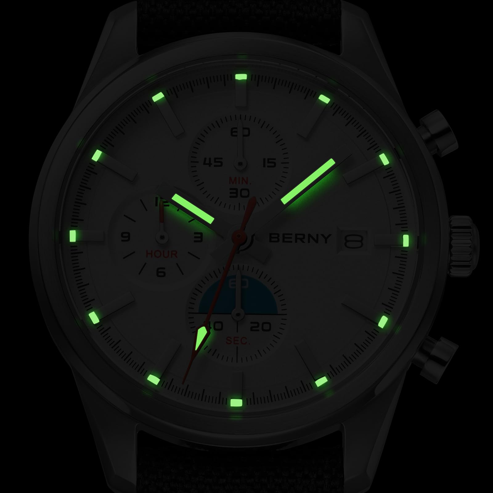 Berny Cronografo Orologio Uomo Bianco-1 50M Impermeabile