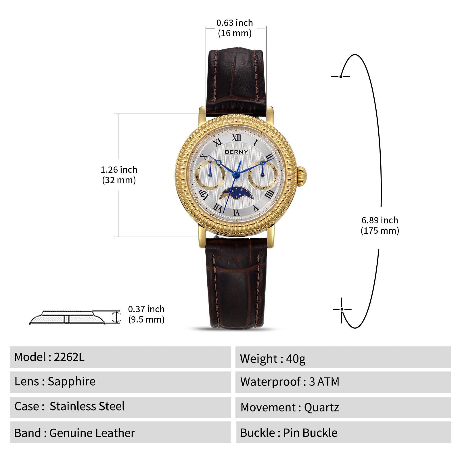 Berny Orologio Donna Fasi Lunari Oro e Bianco Pelle