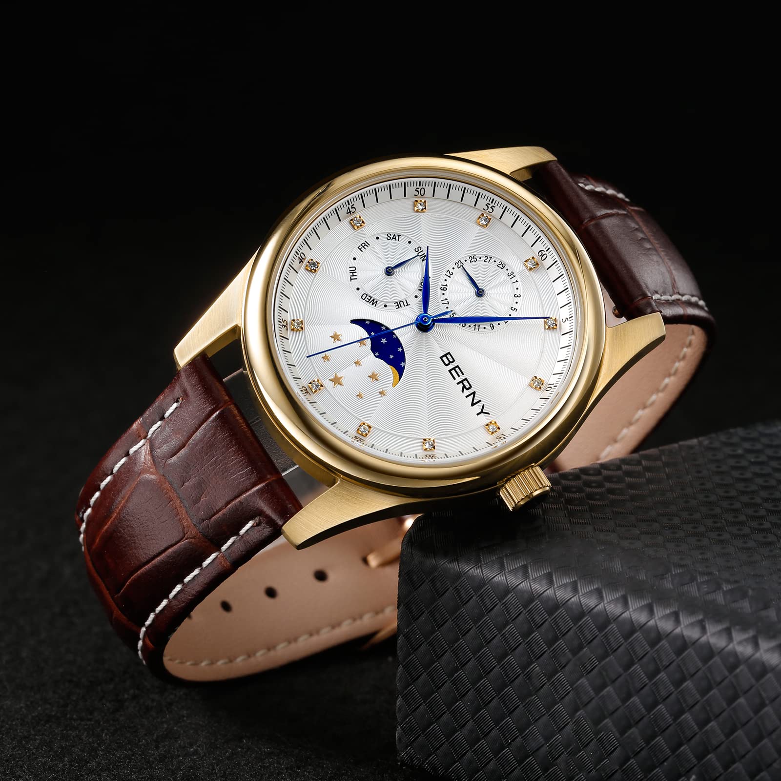 Berny Orologio da Polso Uomo Bianco Oro Pelle 38 mm