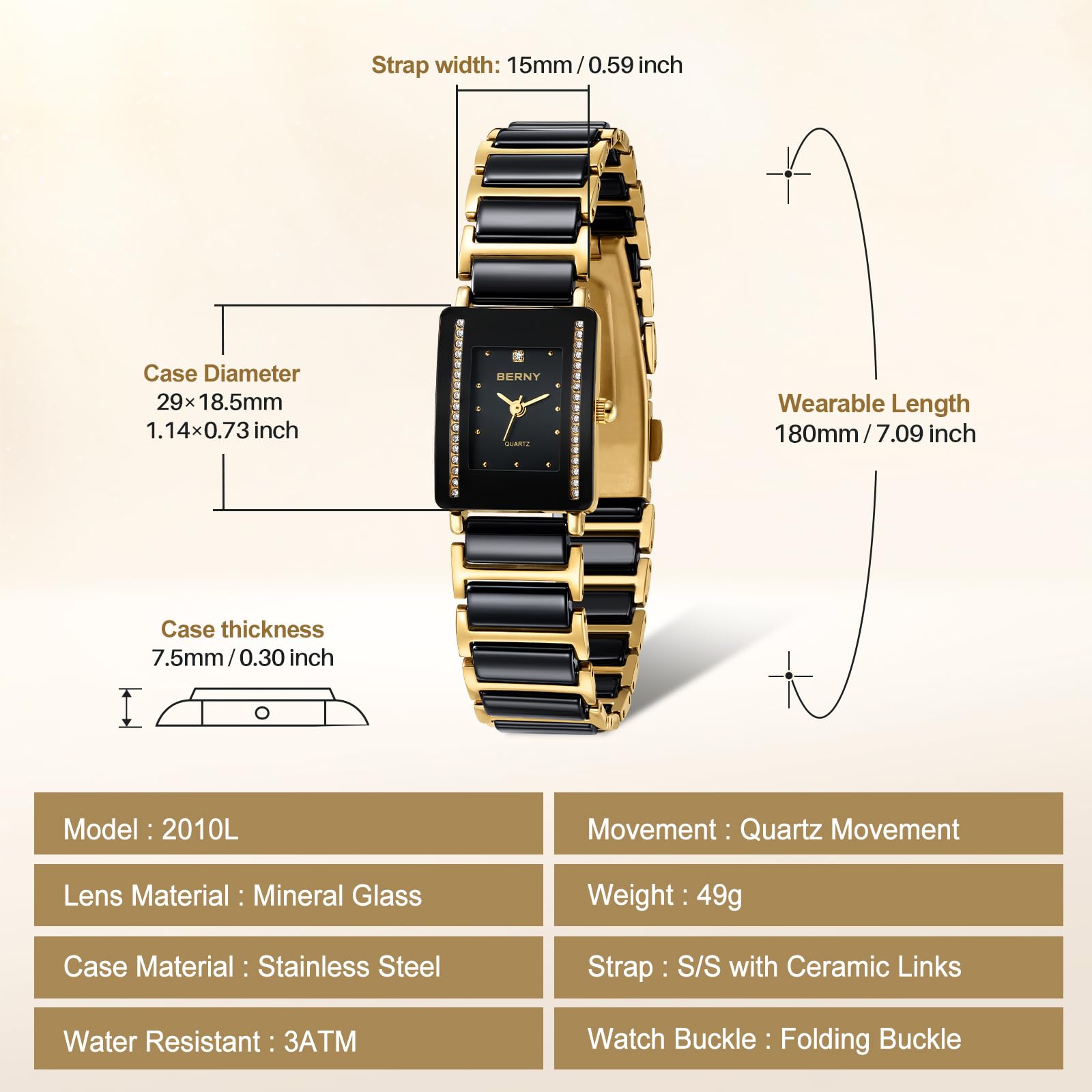Berny Rettangolare Orologio Donna Quarzo Ceramica Impermeabile