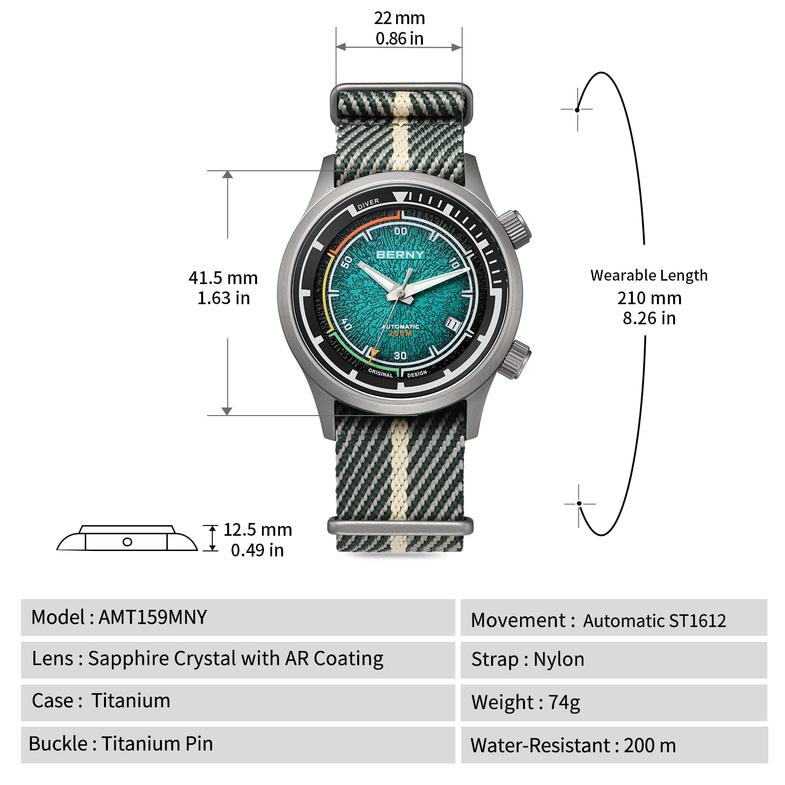 Berny Diver Orologio Automatico Uomo Verde Marrs 200M