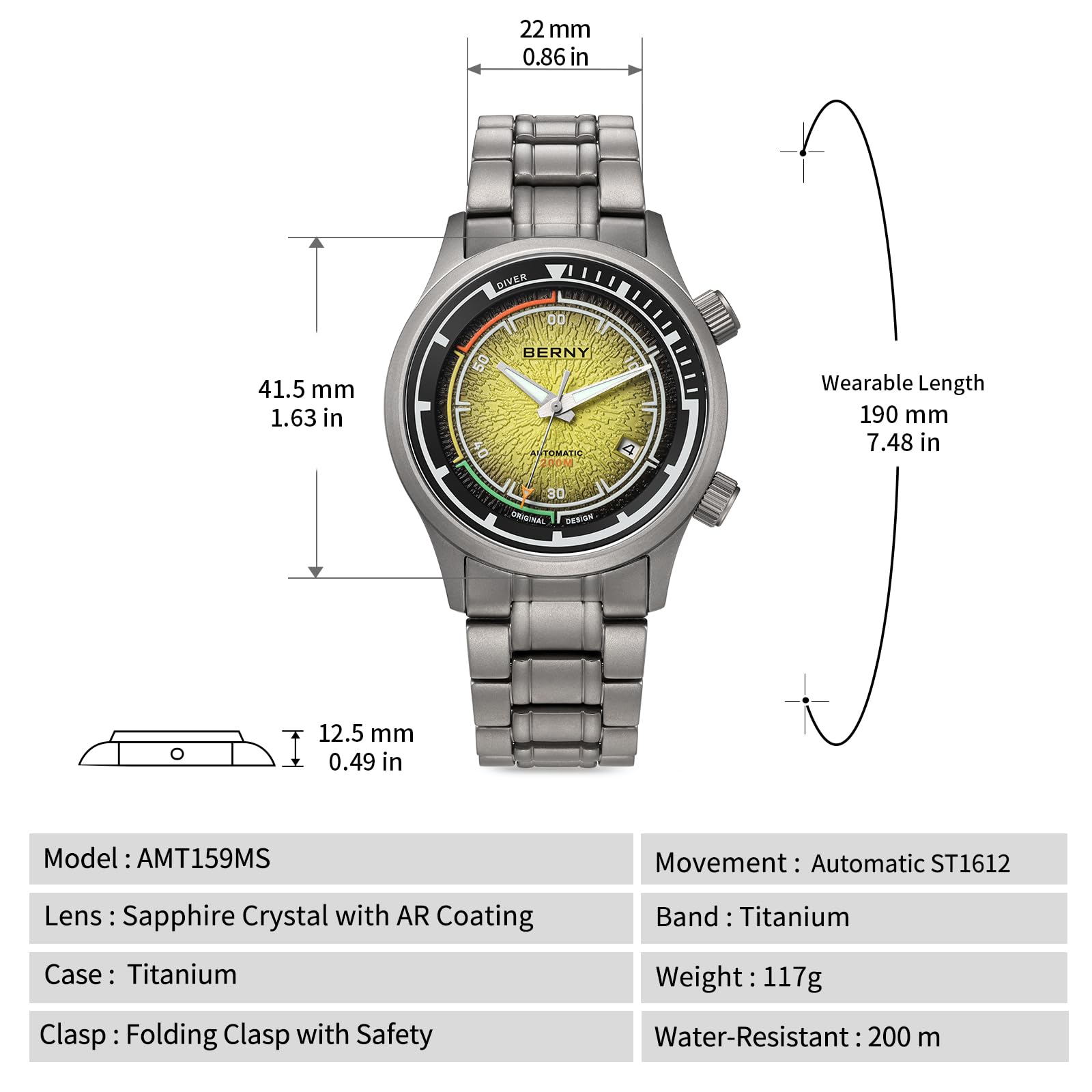 Berny Diver orologio automatico uomo giallo titanio 200M