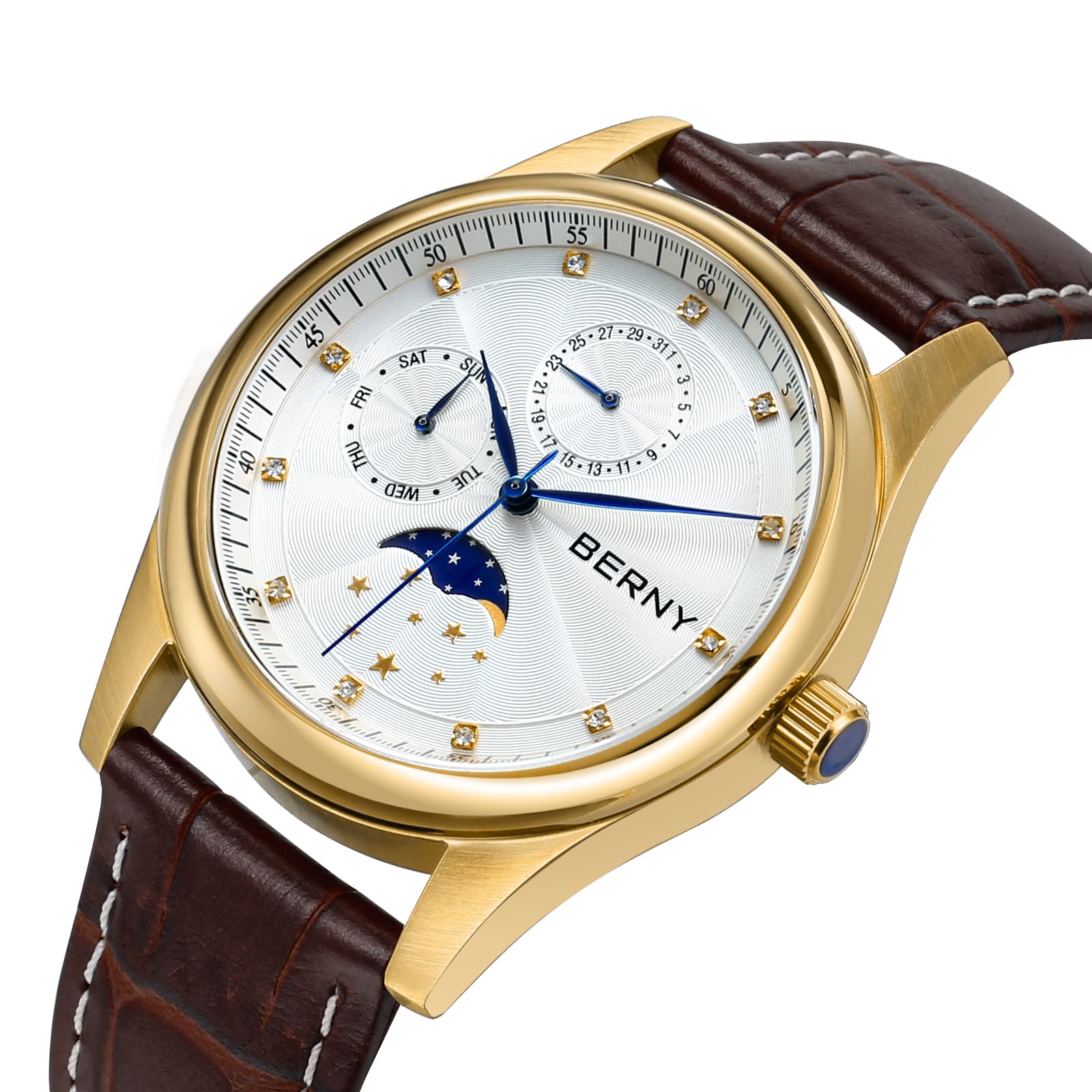 Berny Orologio da Polso Uomo Bianco Oro Pelle 38 mm