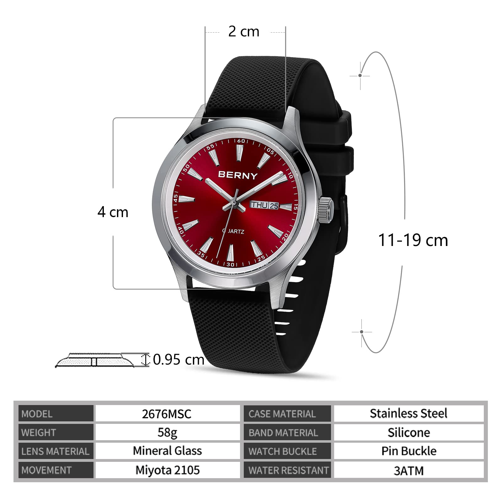 Berny orologio quarzo uomo Miyota 2105 silicone rosso
