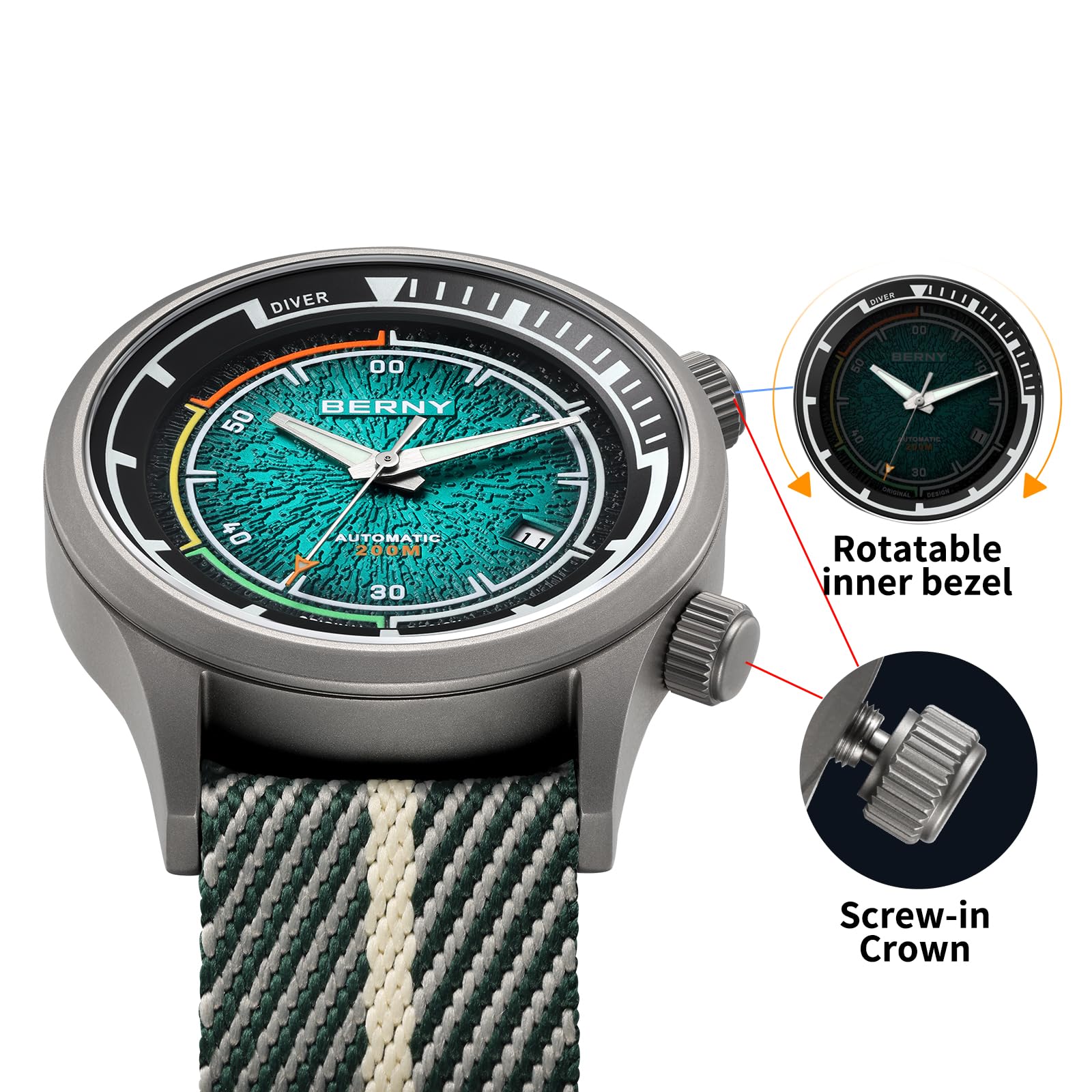 Berny Diver Orologio Automatico Uomo Verde Marrs 200M