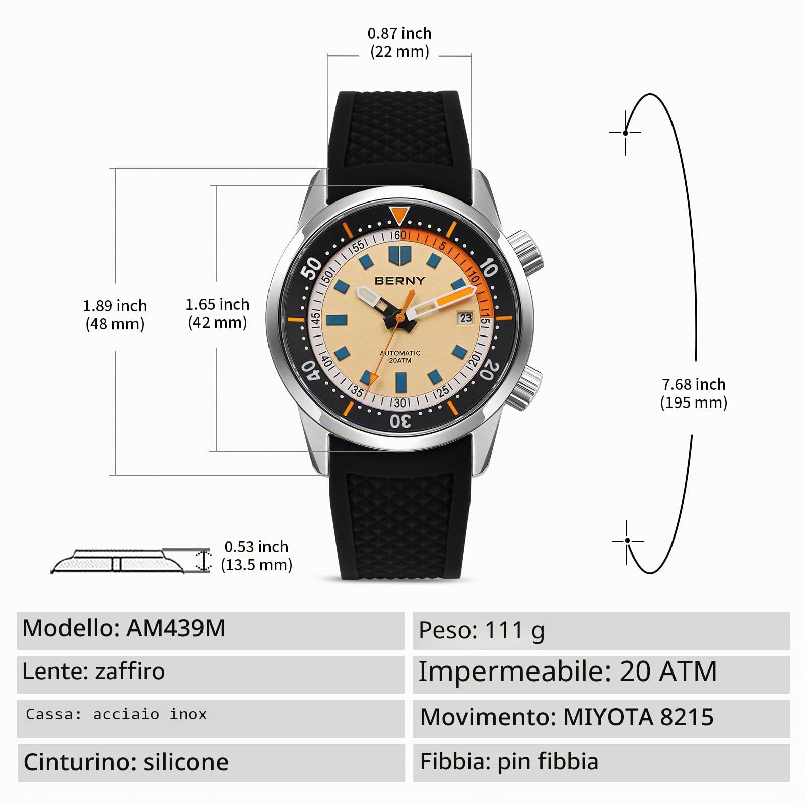 Berny Diver Orologio Uomo Automatico 20ATM Silicone