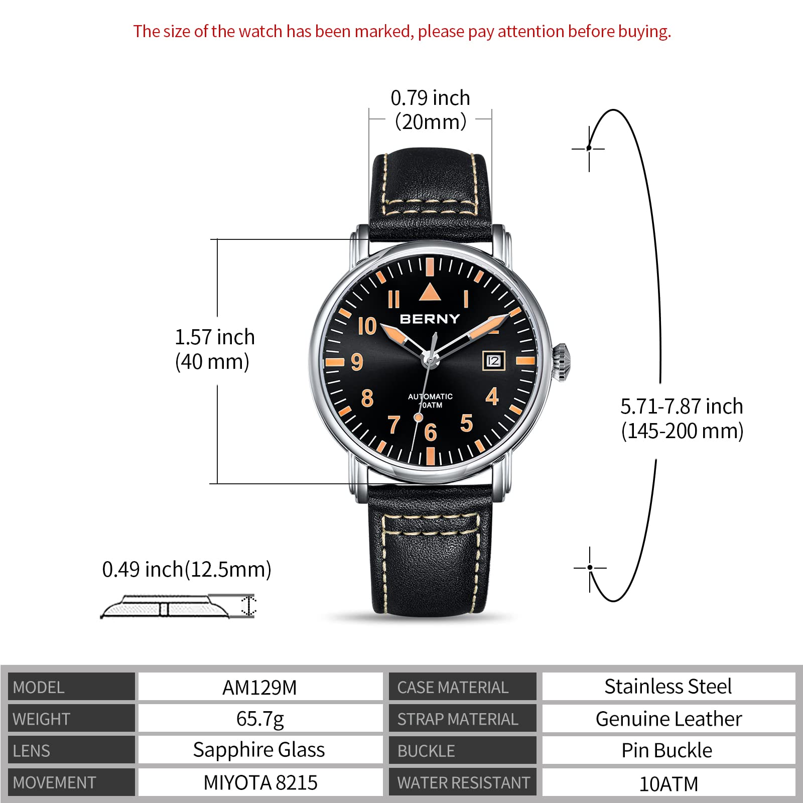 Berny Aviation orologio automatico uomo nero pelle