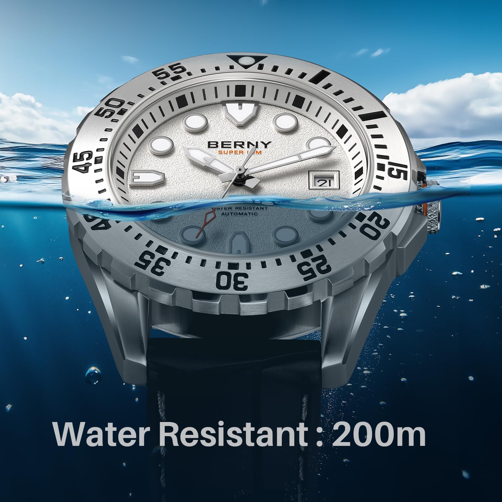 Berny Diver orologio automatico uomo bianco zaffiro 200M