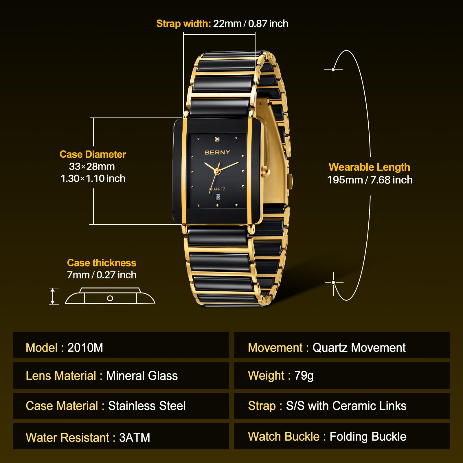 Berny orologio uomo ceramica rettangolare quarzo